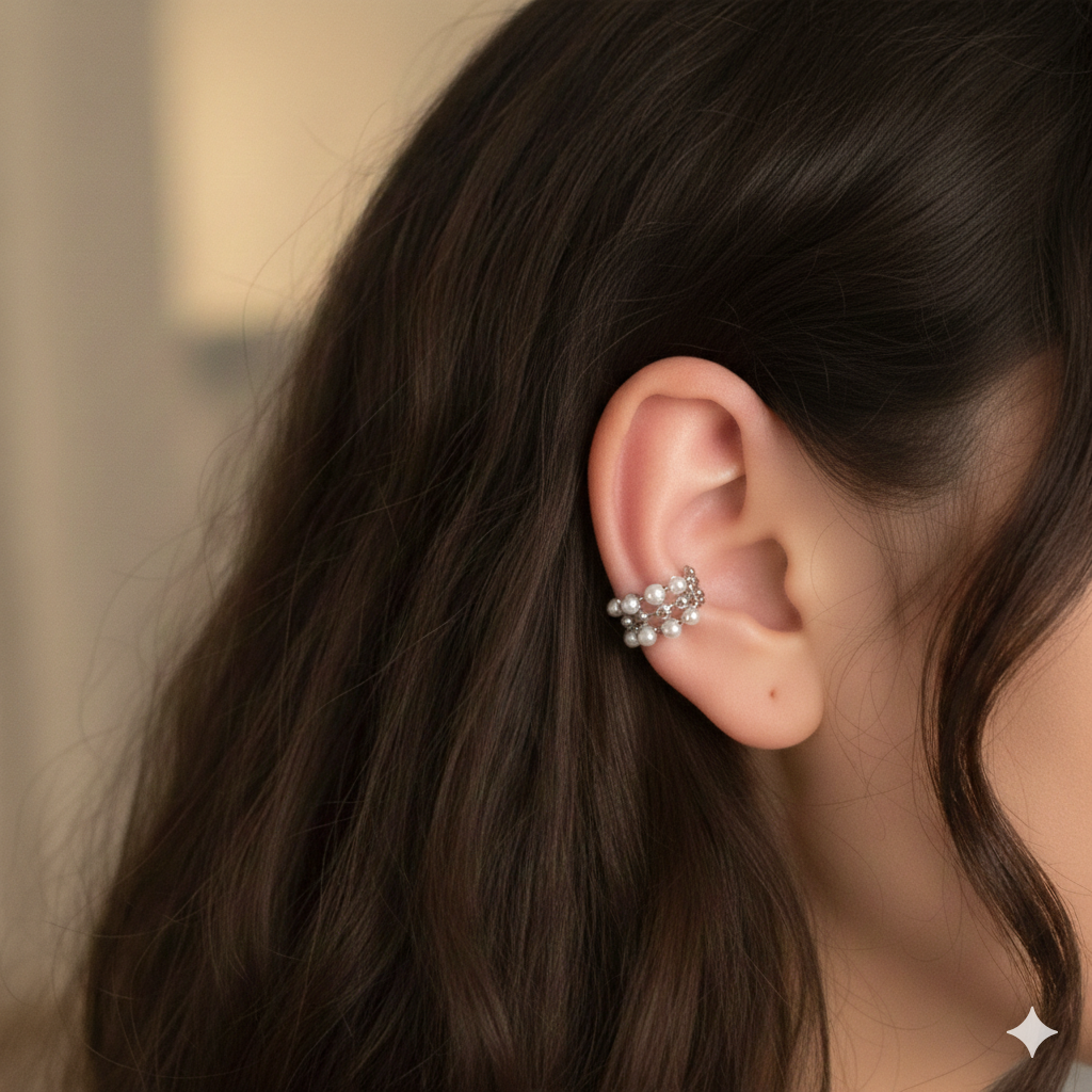 Silberfarberner Perlen Ear Cuff Mit Zirkonia