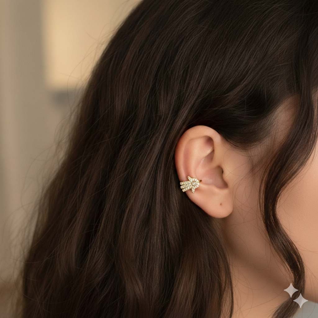 Goldener Hamsa Ear Cuff Mit Zirkonia Eleganter Ohrschmuck