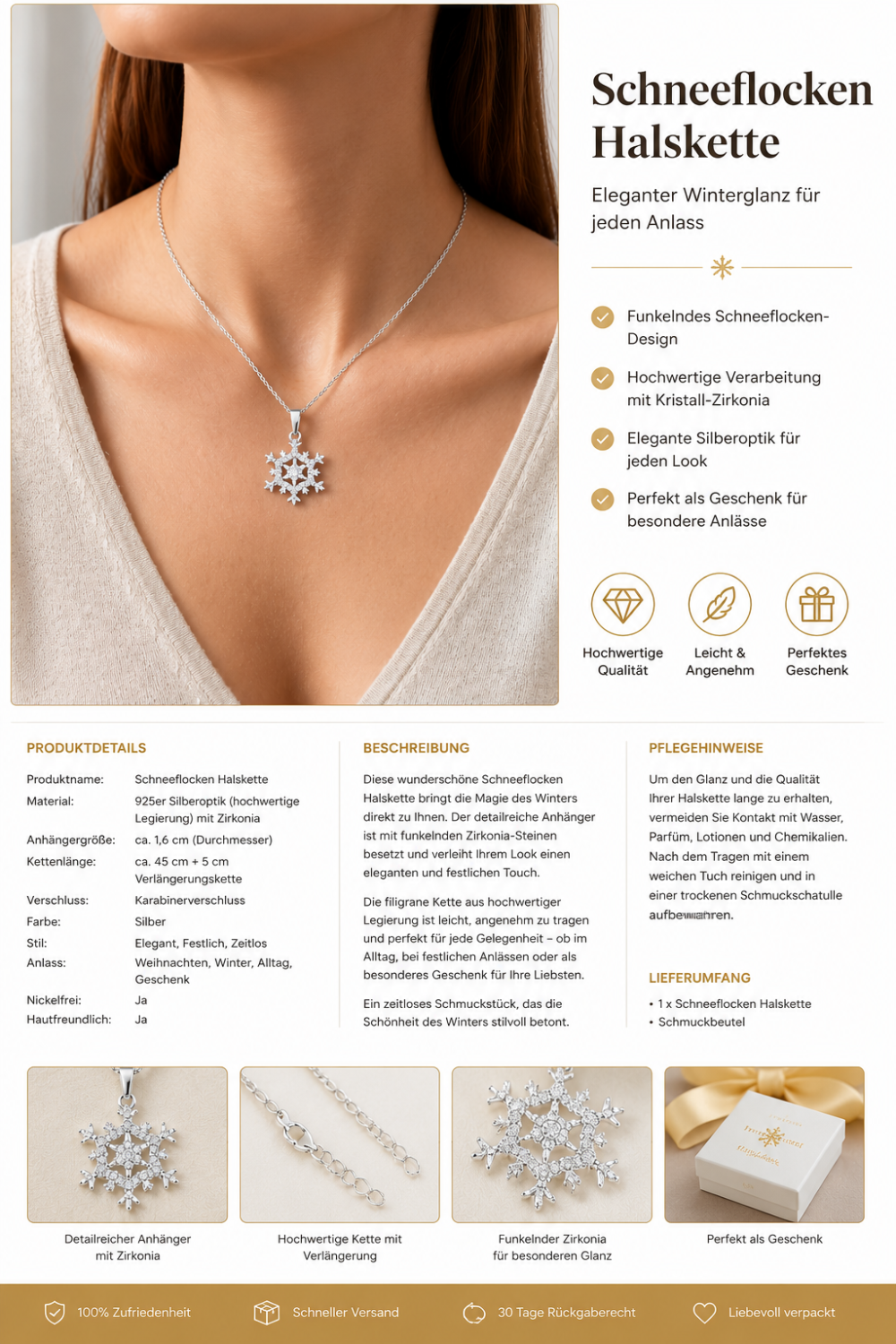 Schneeflocken Halskette Silber Zirkonia Winter Kette Damen