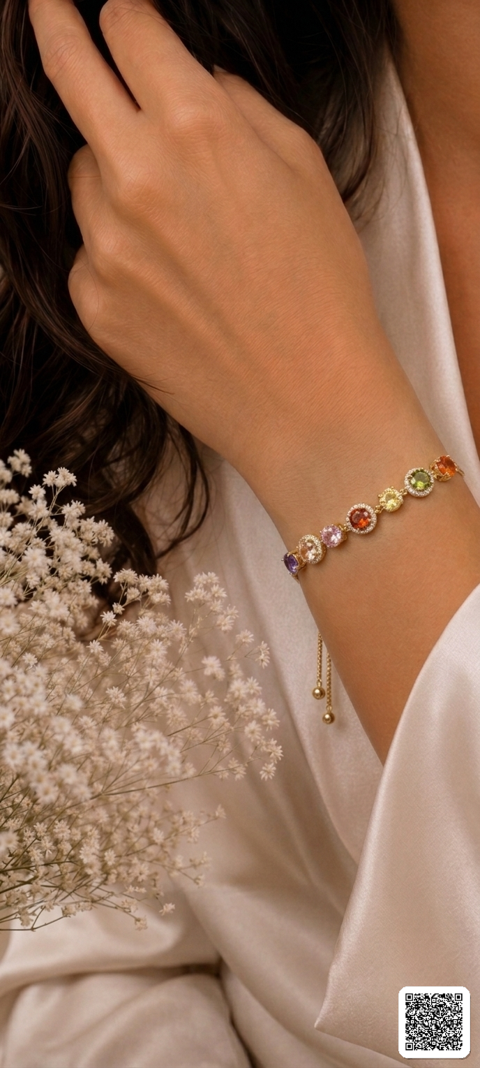 Goldenes Armband Mit Bunten Zirkonia-Steinen Verstellbares Hover