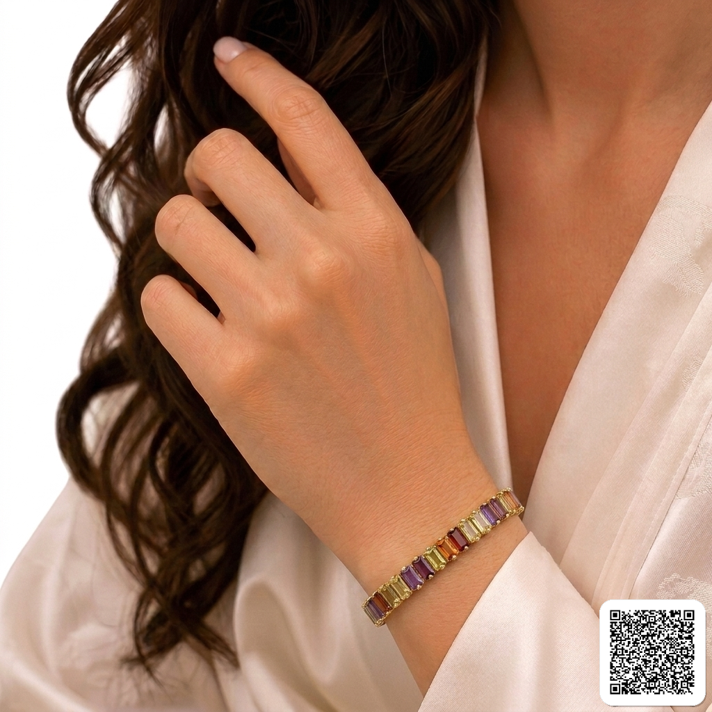 Pastellfarbiges Tennisarmband Mit Rechteckigen Zirkonia-Steinen Hover