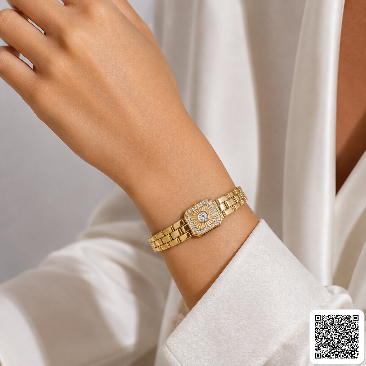 Elegante Goldfarbene Armbanduhr Mit Funkelndem Zifferblatt Hover