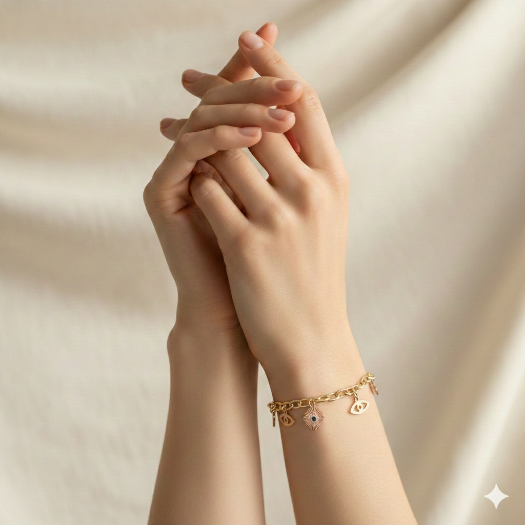 Goldfarbenes Charm-Armband Mit Nazar- Und Augen-Anhängern