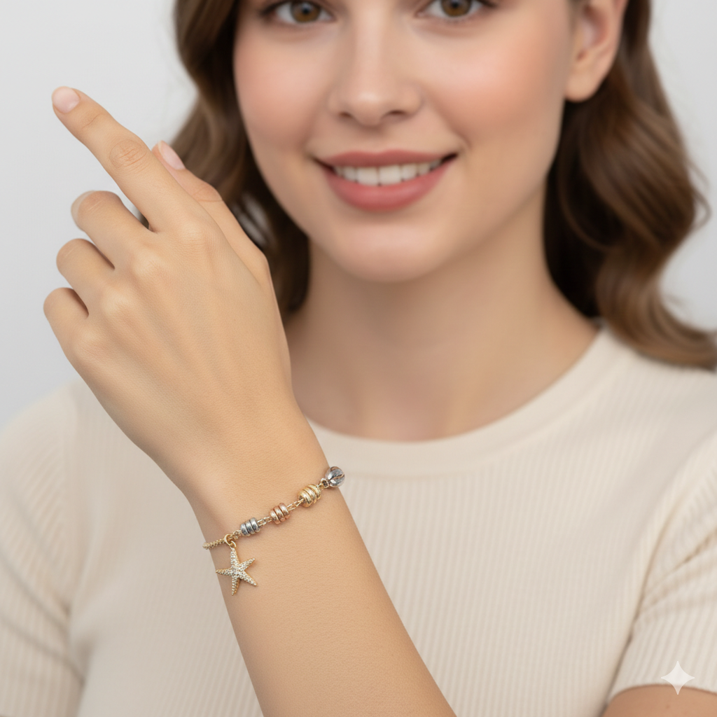 Elegantes Damen-Armband Mit Seestern- & Muschel-Anhänger Tricolor