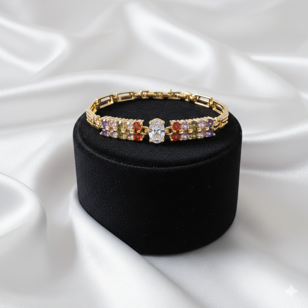 Elegantes Damen-Armband Mit Bunten Zirkonia Und Ovalem Kristall