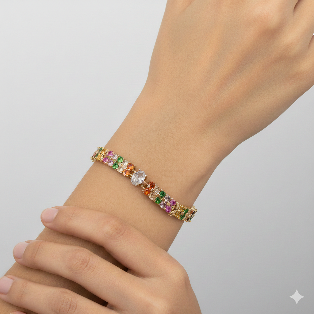 Elegantes Damen-Armband Mit Bunten Zirkonia Und Ovalem Kristall