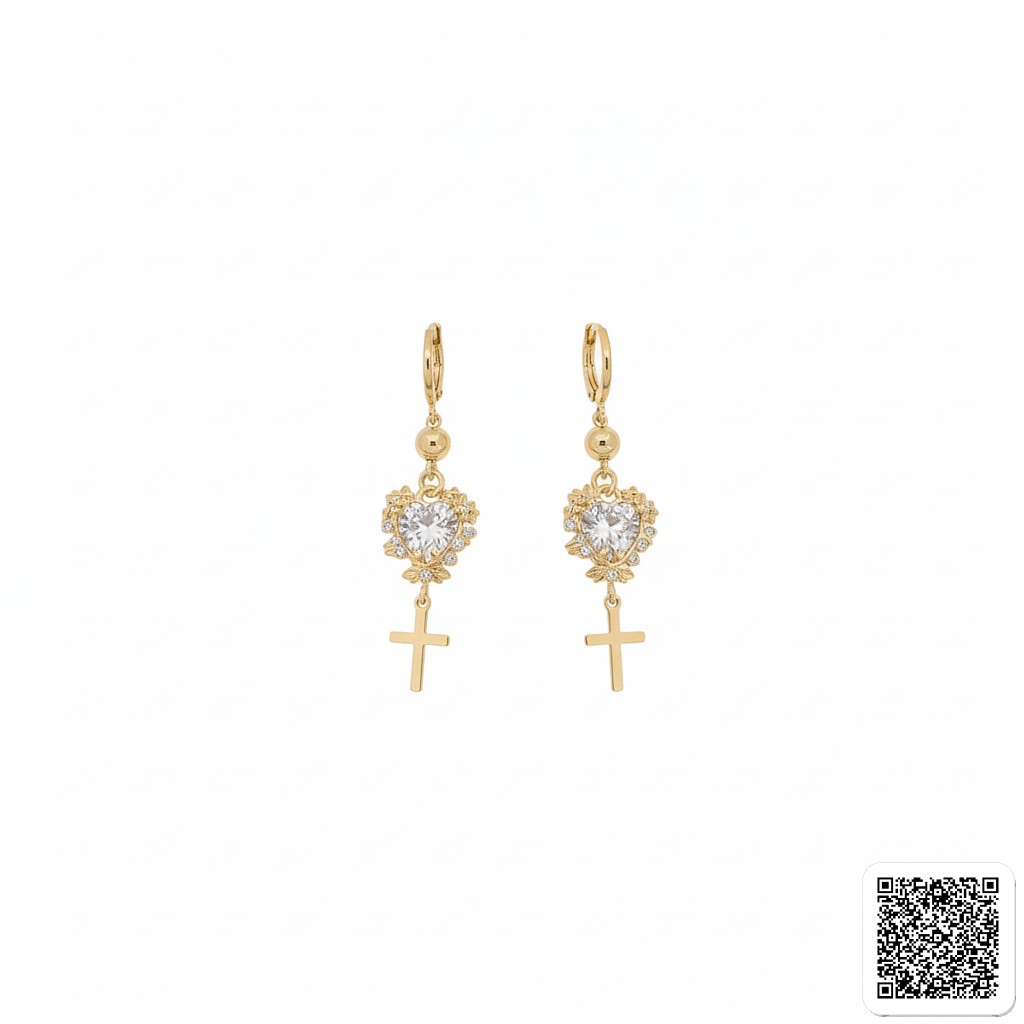 Goldfarbene Creolen Mit Herz-Zirkonia &amp; Kreuz Anhänger