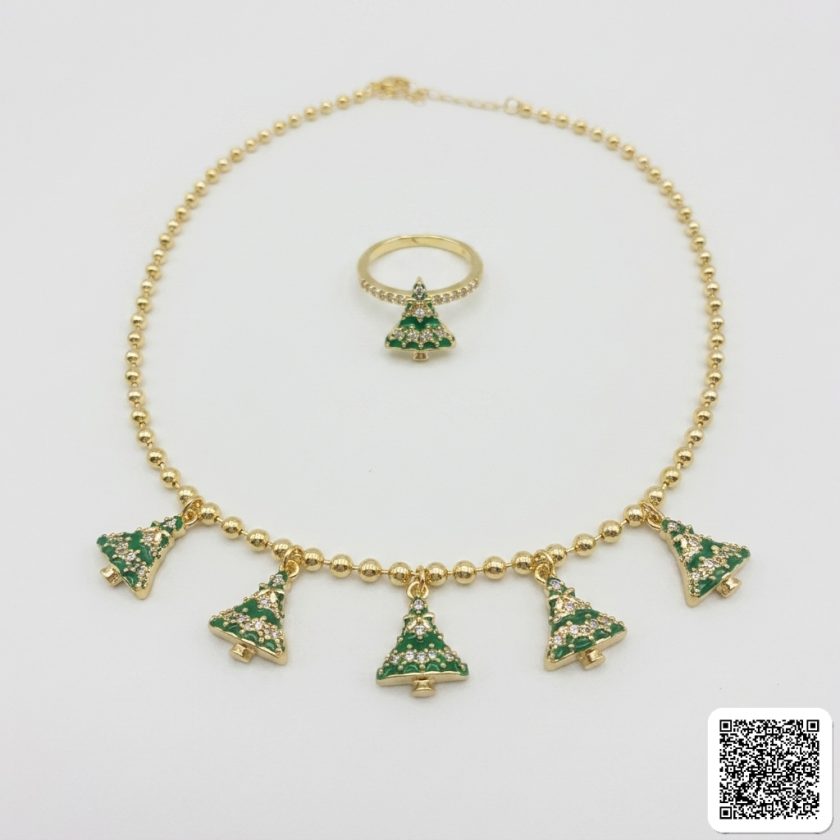 Goldfarbenes Weihnachts-Schmuckset Mit Weihnachtsbaum-Halskette