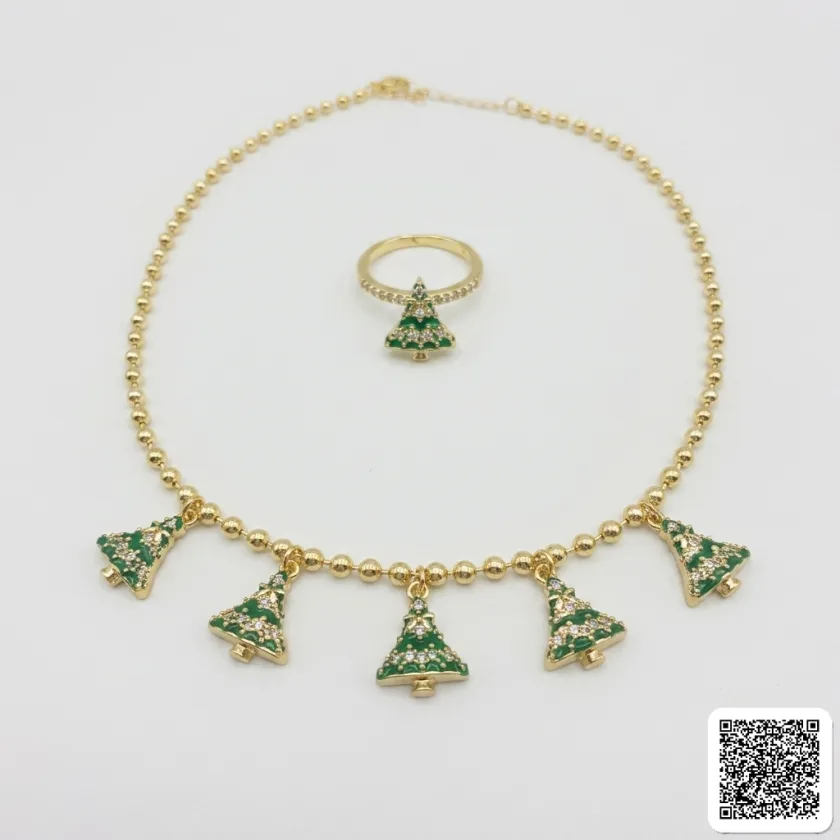 Goldfarbenes Weihnachts-Schmuckset Mit Weihnachtsbaum-Halskette