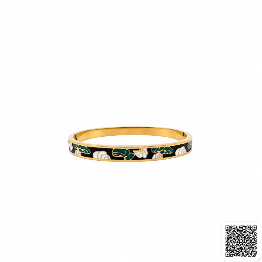 Goldfarbener Armreif Mit Schwarzem Emaille Und Grün-Weißem