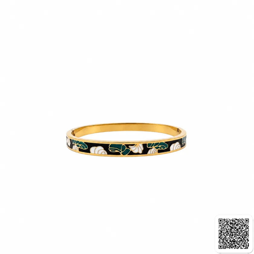 Goldfarbener Armreif Mit Schwarzem Emaille Und Grün-Weißem