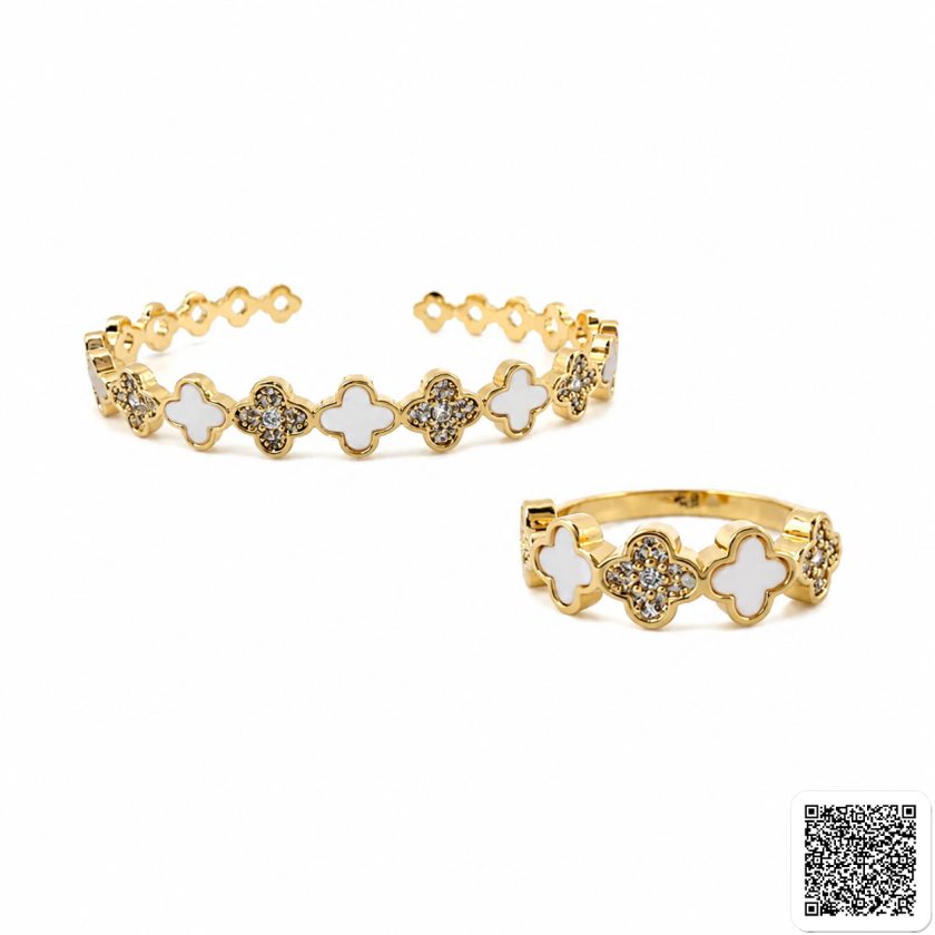 Damen Kleeblatt Schmuckset mit Armband & Ring – Gold oder Silber mit Zirkonia